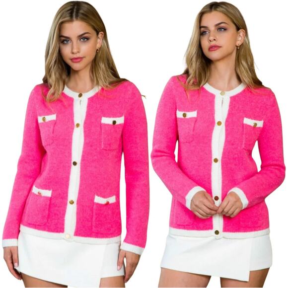 Vintage THML Pink Wool Cardigan Preppy Old Money Chanel Style Bow Details XS - Picture 1 of 13